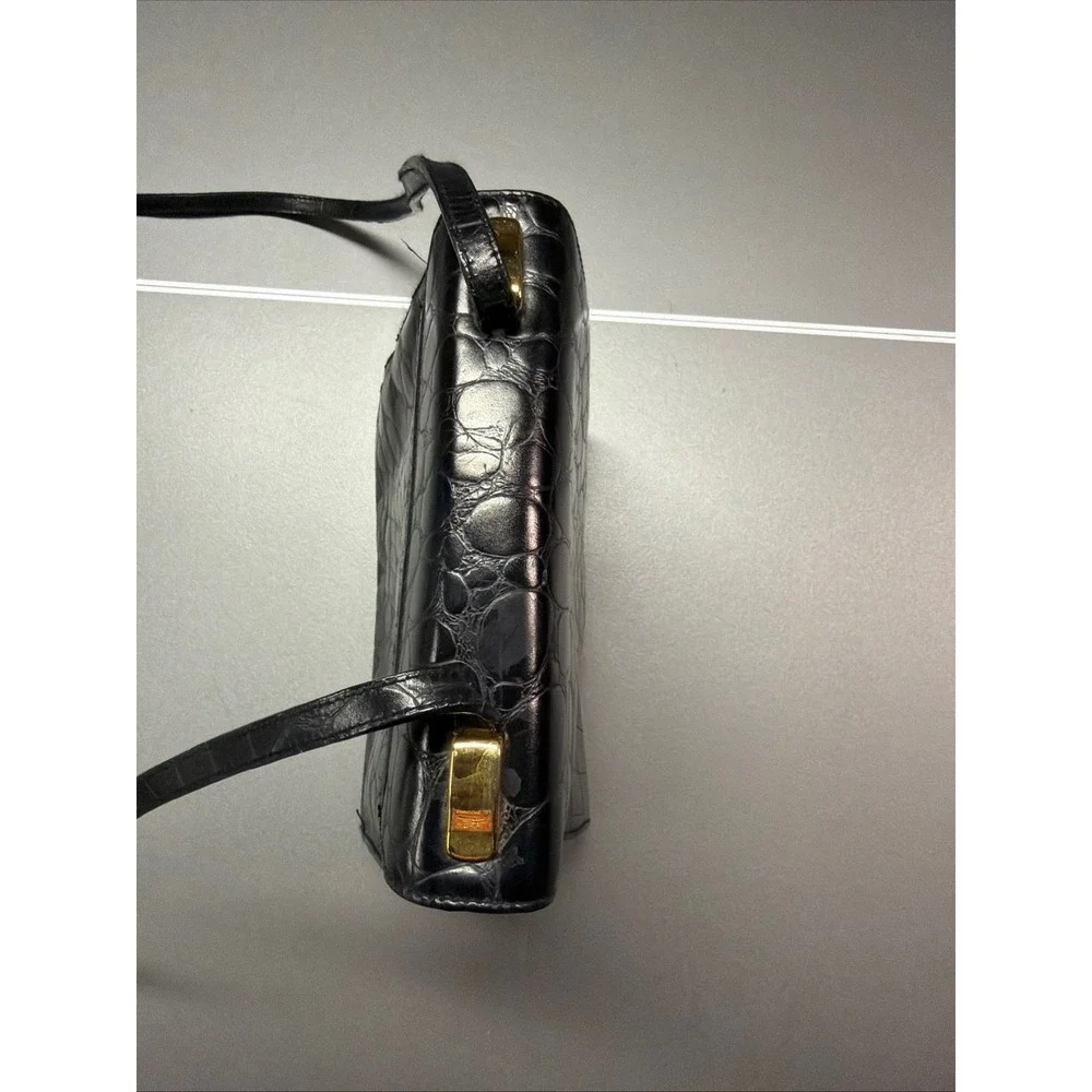 Valerie Stevens Black Croc Embossed Leather Crossbody Bag Envelope Flap Square